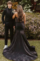 Black Strapless Corset Prom Dress Cut Out Satin Evening Dress with Slit